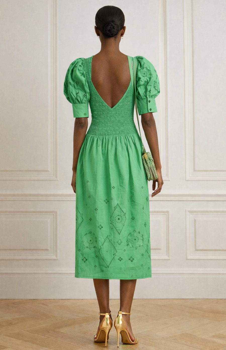 Ganni - Robe maxi smocks vert