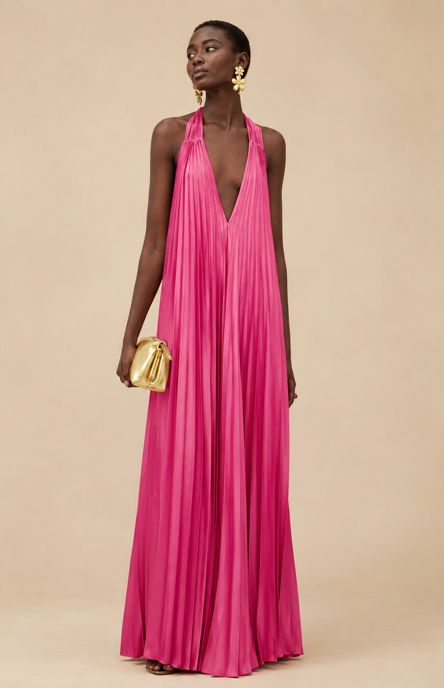Robe longue plissée rose