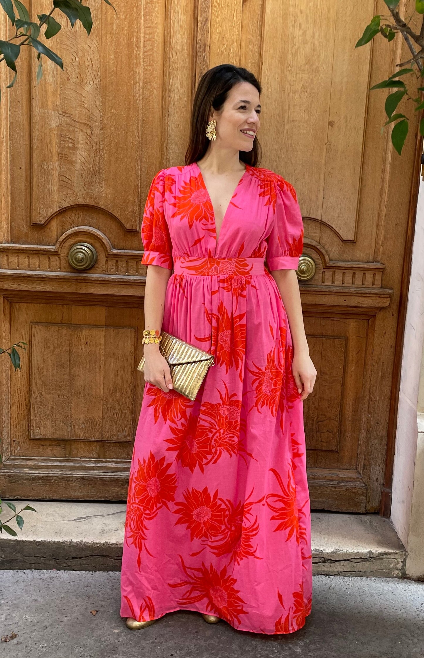 Pinko - Robe rose fleurs rouges