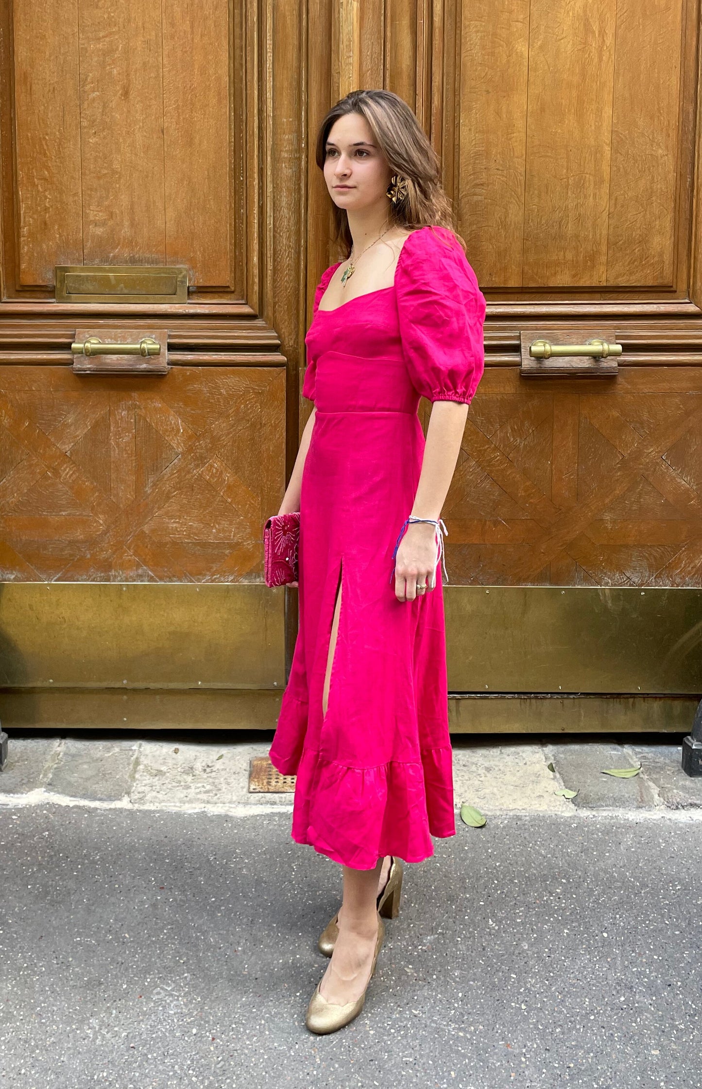 Reformation - Robe rose manches bouffantes