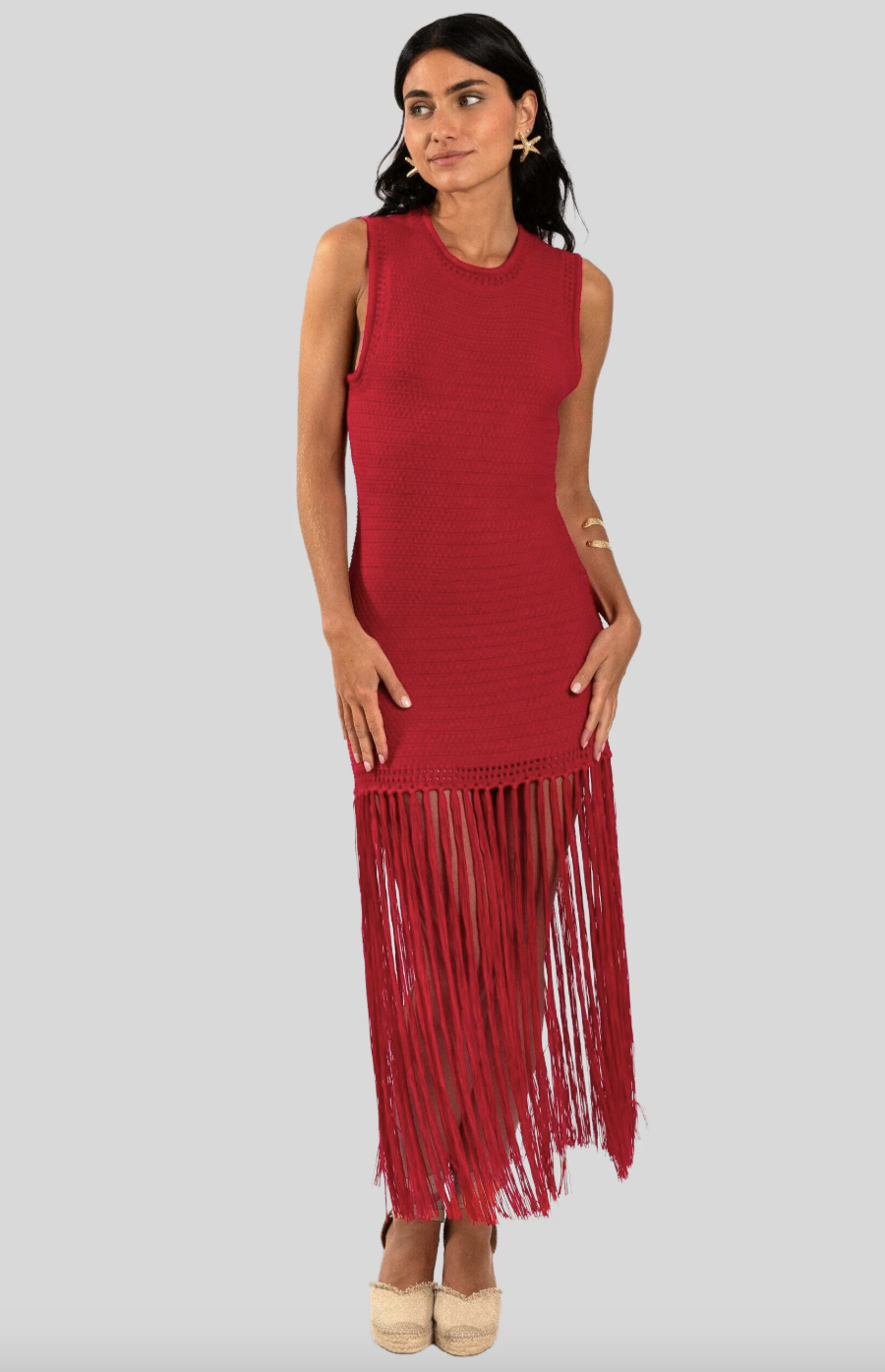 The-Are - Robe maille rouge franges