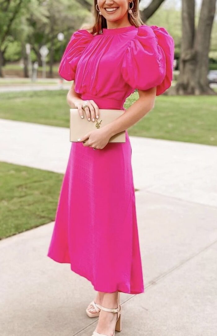 Rotate Birger Christensen - Robe Noon rose jacquard manches bouffantes