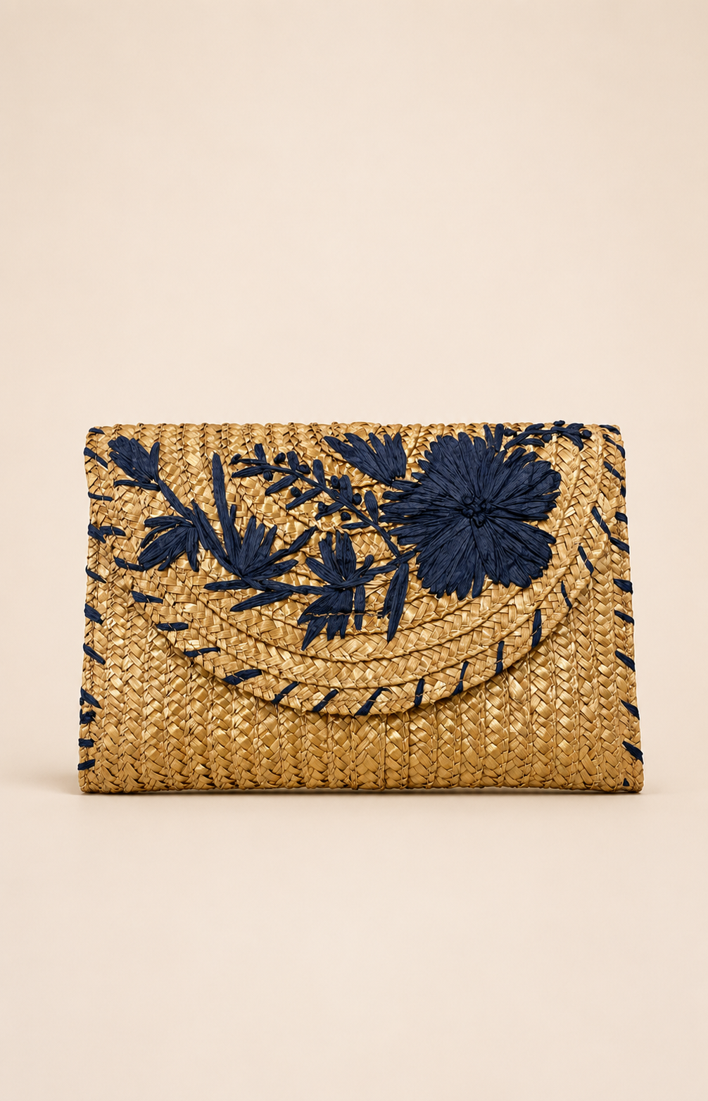 Pochette raphia brodée bleu