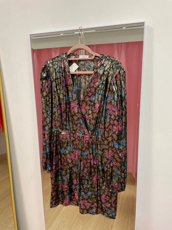 Sandro - Robe lamée fleurs multicolores T.40