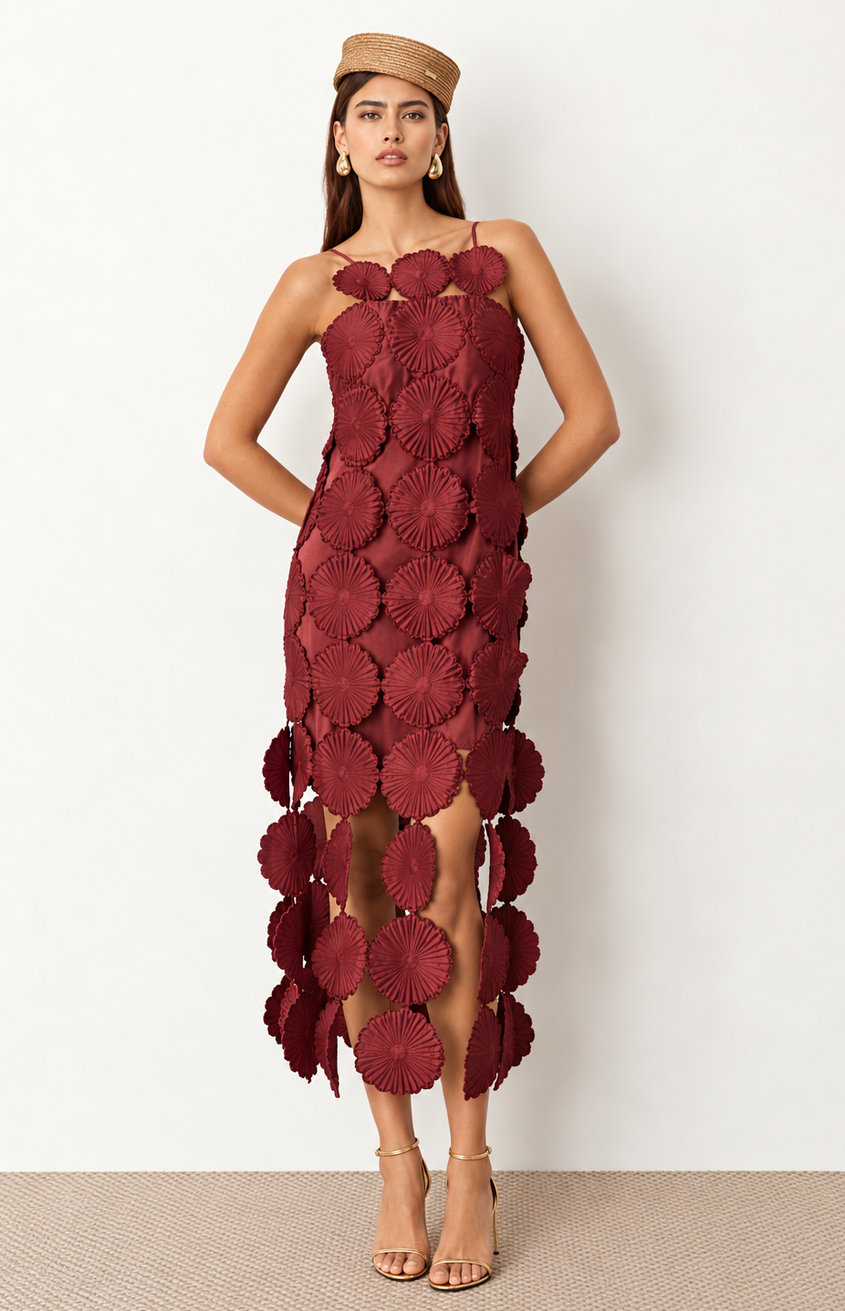 Robe midi bordeaux à fleurs en relief