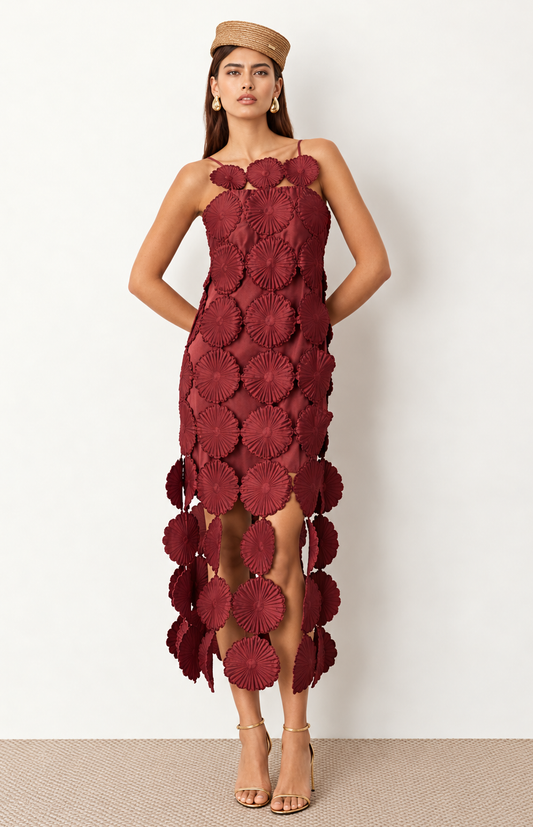 Robe midi bordeaux à fleurs en relief