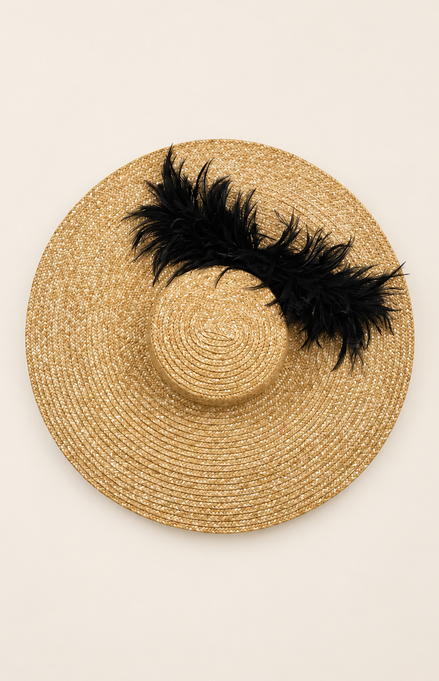 Capeline paille plumes noires