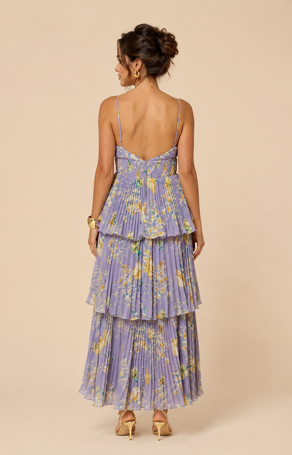 Robe longue plissée lavande à fleurs