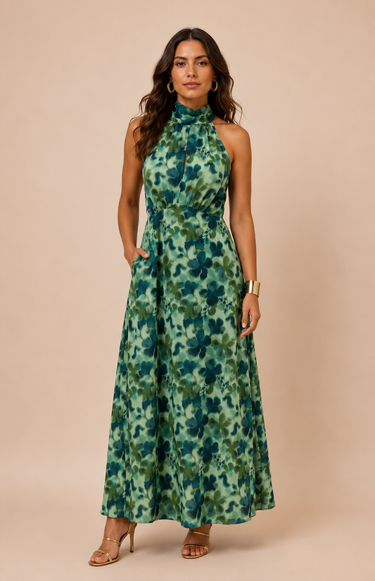 Laissez-vous séduire par cette jolie robe fleurie verte signée Tintoretto, une pièce élégante au charme frais et romantique. Son col halter apporte une touche féminine et moderne à la silhouette, tandis que son imprimé floral donne à l’ensemble une allure délicate et pleine de caractère. Une tenue idéale pour assister à un mariage, une cérémonie, un cocktail, une réception ou un événement estival. Parfaite pour une invitée de mariage à la recherche d’une robe chic, originale et facile à porter, elle saura v