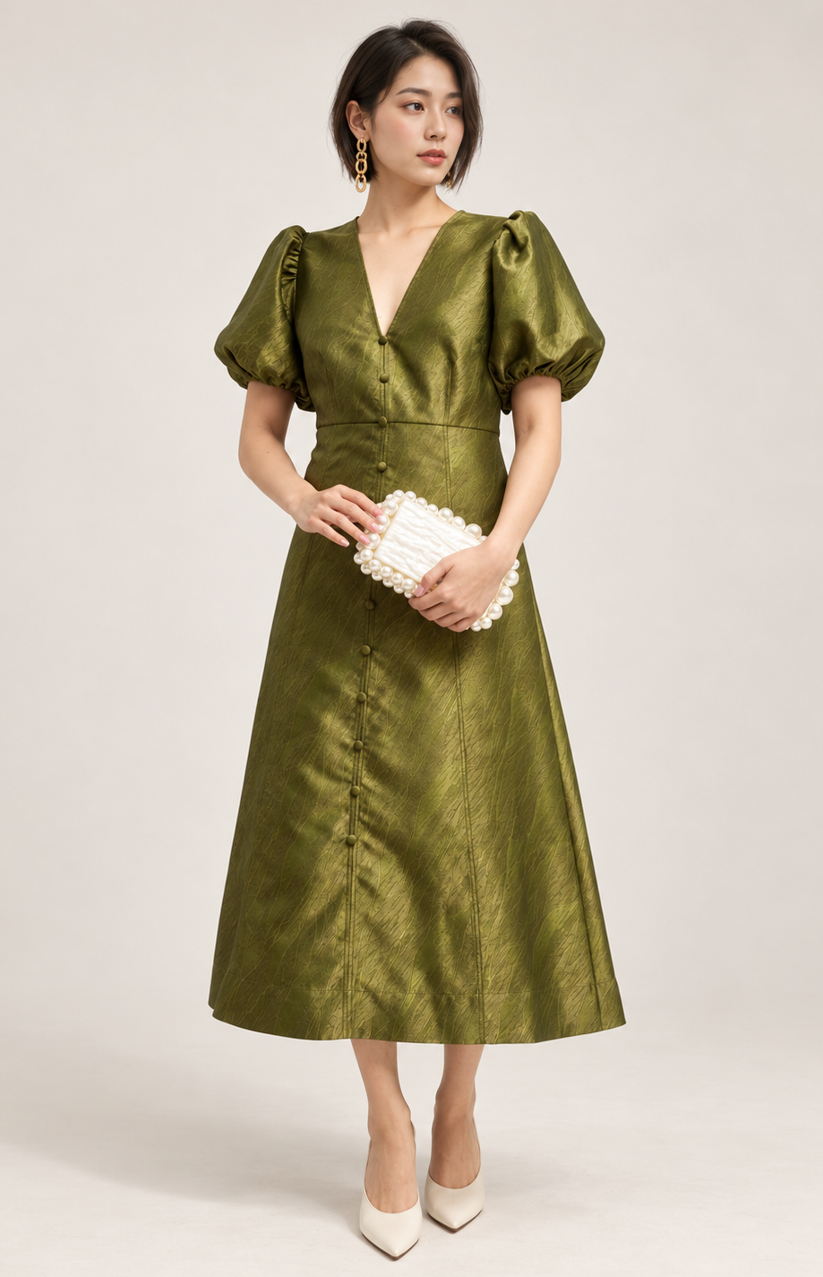 Robe olive satin jacquard