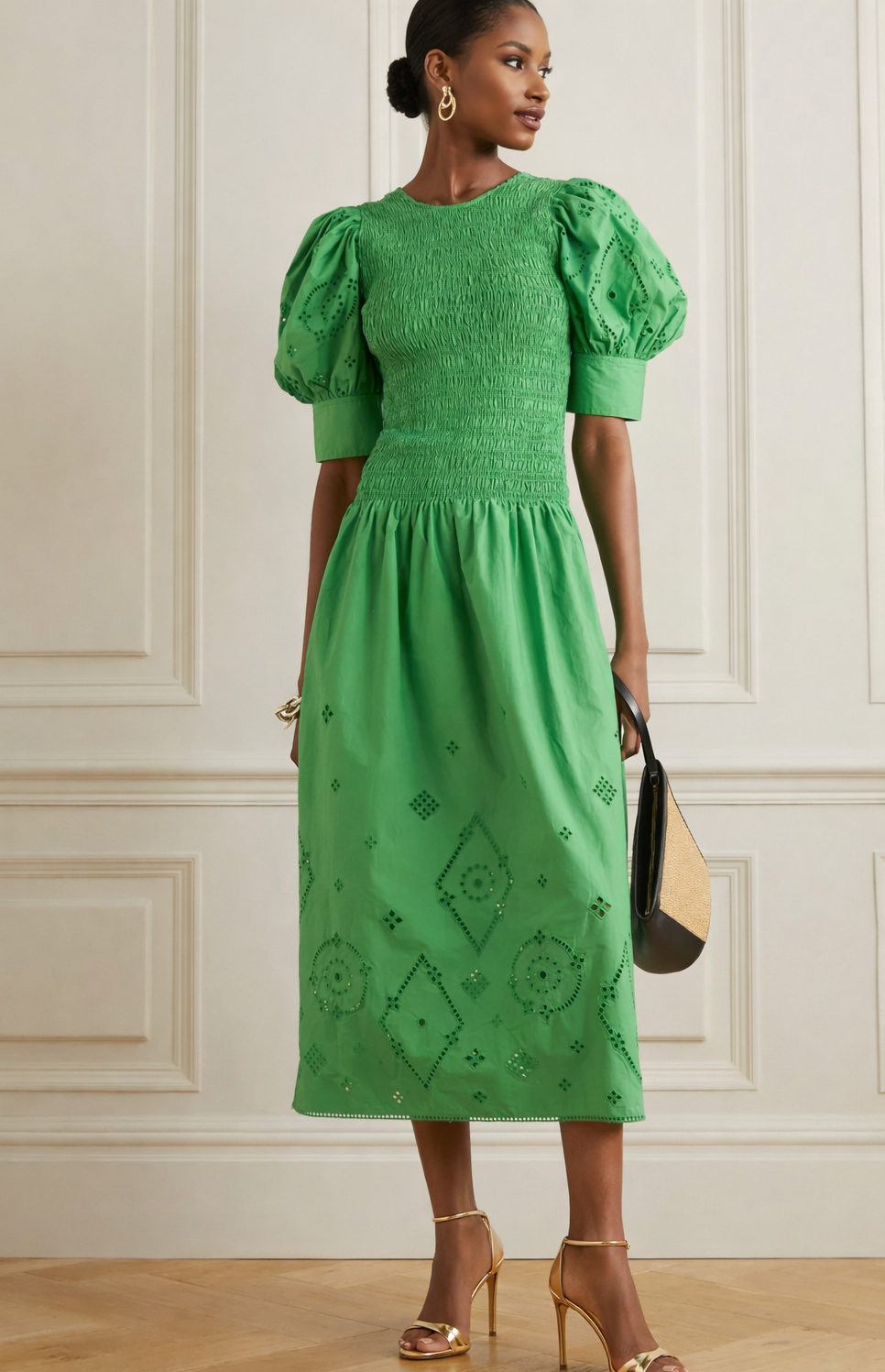 Ganni - Robe maxi smocks vert