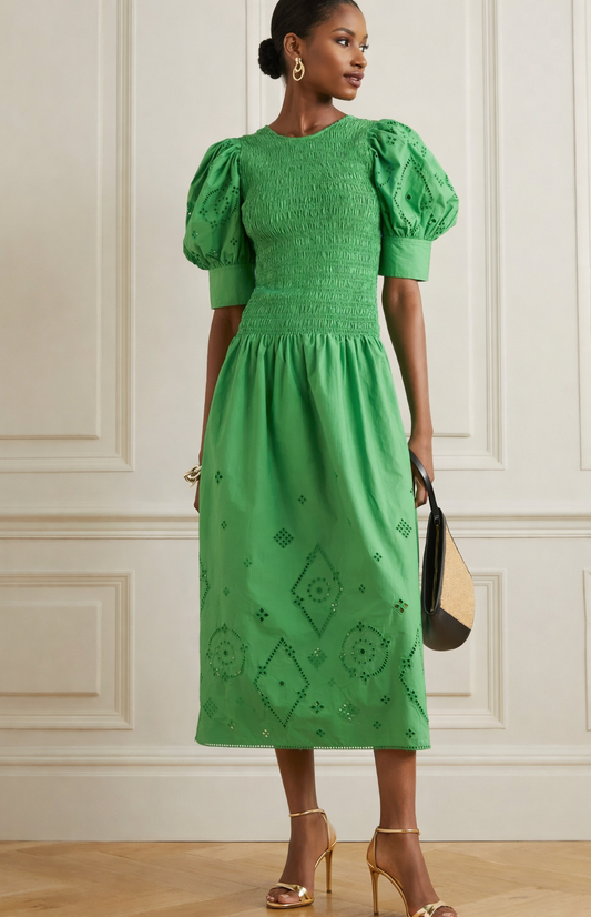 Ganni - Robe maxi smocks vert