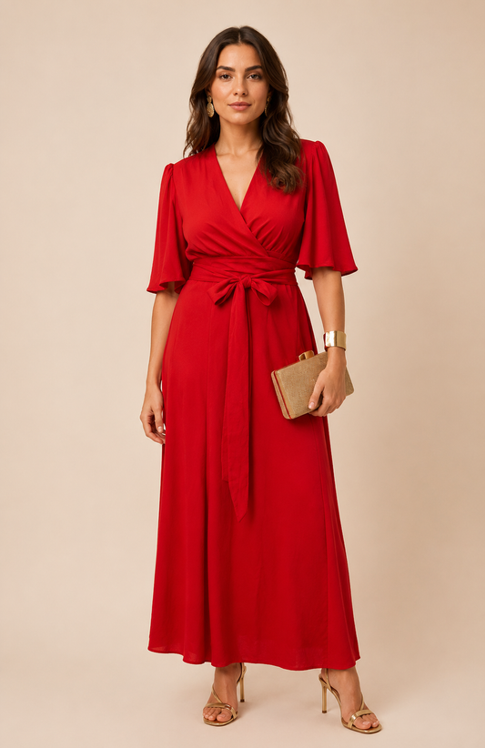 Craquez pour cette superbe robe portefeuille rouge signée Jane Wood, une pièce pleine de caractère qui met la silhouette en valeur avec élégance. Sa teinte rouge éclatante apporte une note glamour et audacieuse, tandis que sa coupe portefeuille lui donne une allure féminine et sophistiquée. Idéale pour une invitée de mariage, un dîner chic, une cérémonie, un gala ou une soirée festive, cette robe se porte aussi bien pour une occasion spéciale que pour un événement où vous souhaitez faire sensation.