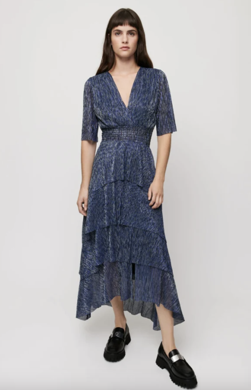 Maje - Robe lamée à volants bleue