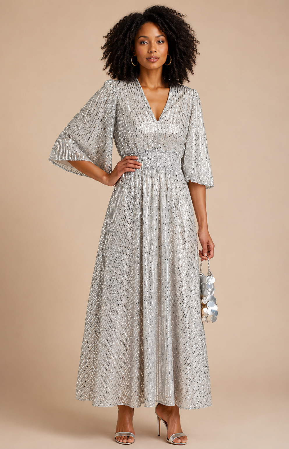 Robe longue sequins argentée