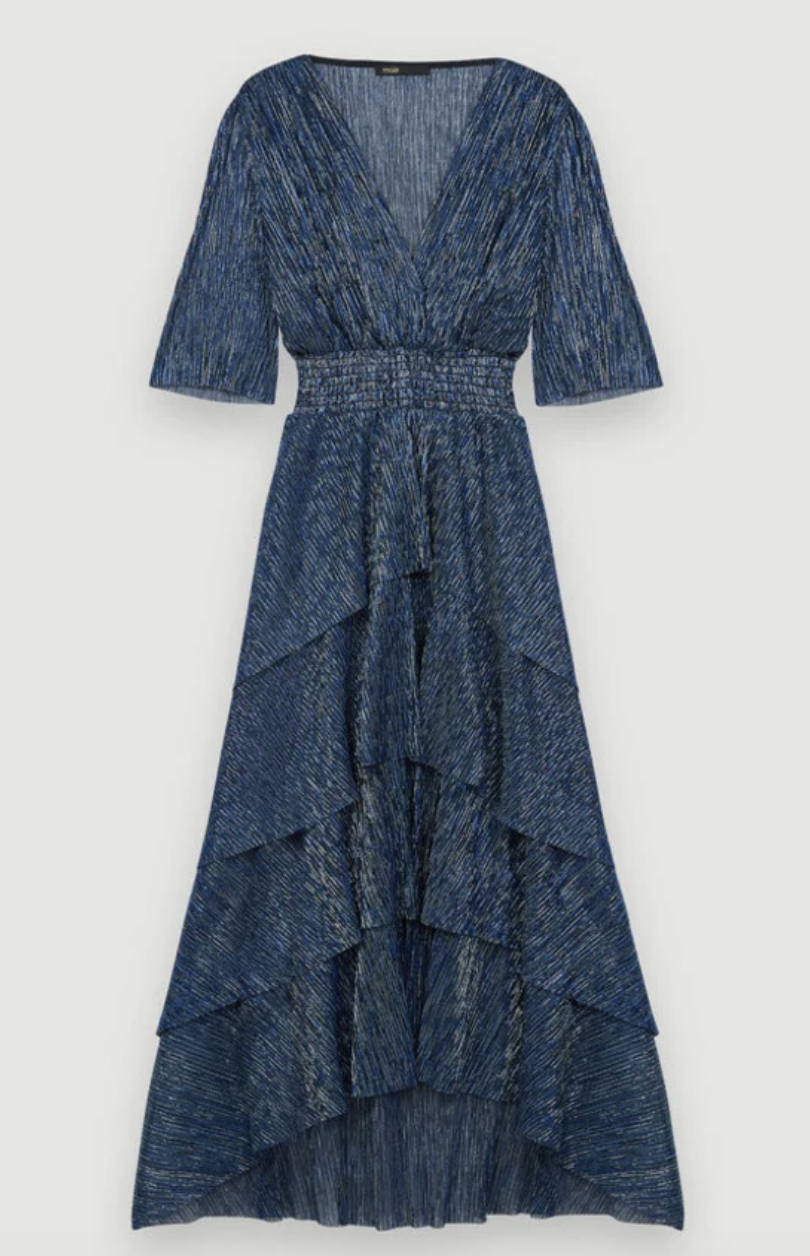 Maje - Robe lamée à volants bleue