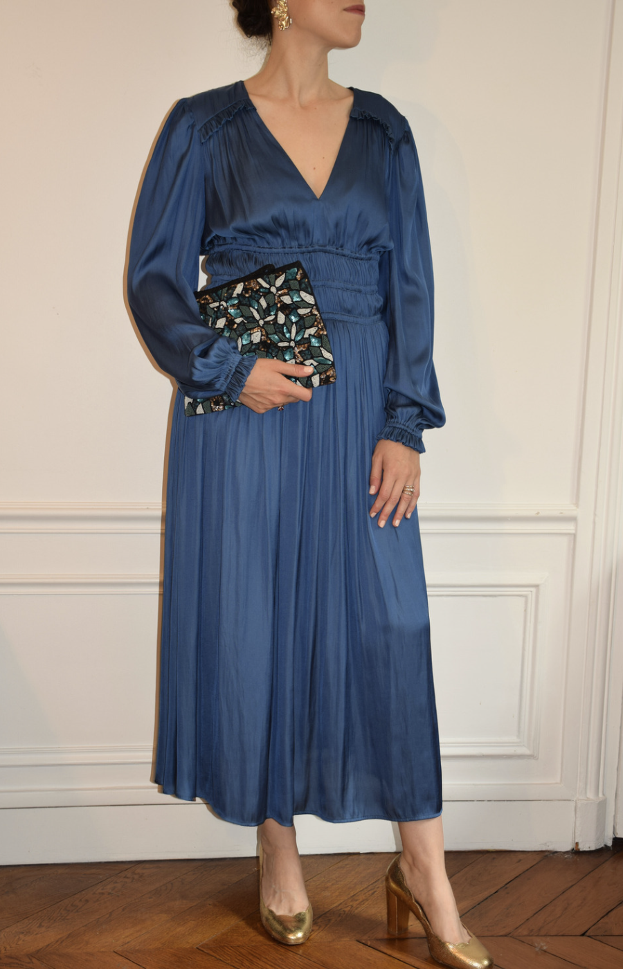 Maje - Robe longue satin bleu