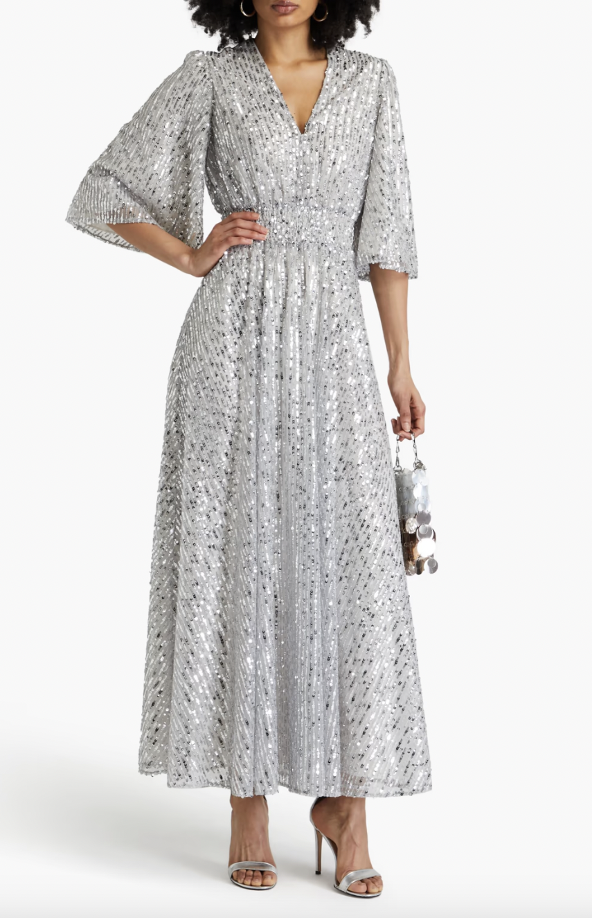 Maje - Robe longue sequins argentée