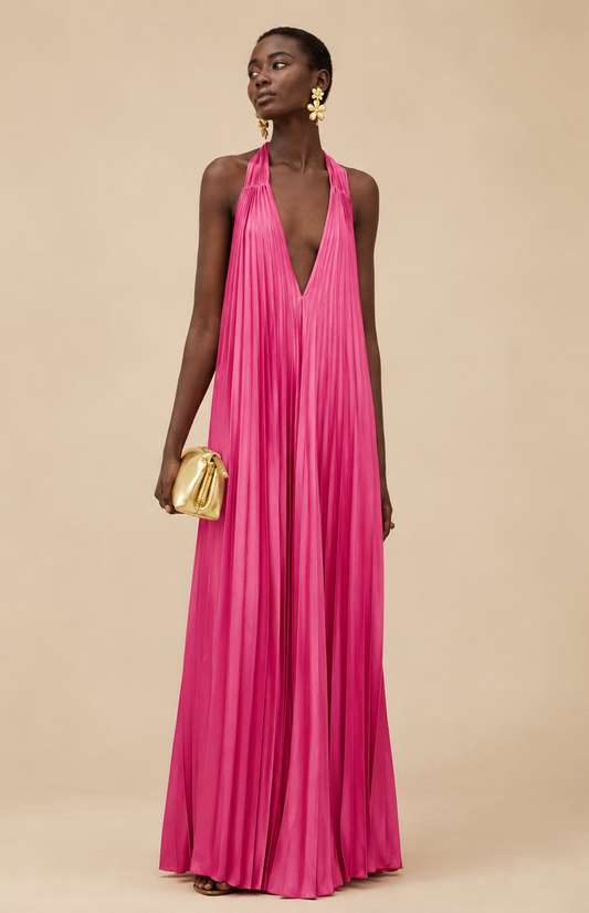 Robe longue plissée rose