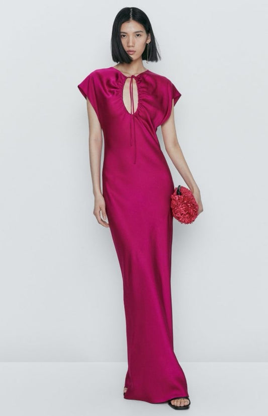 Massimo Dutti - Robe longue satinée fuchsia