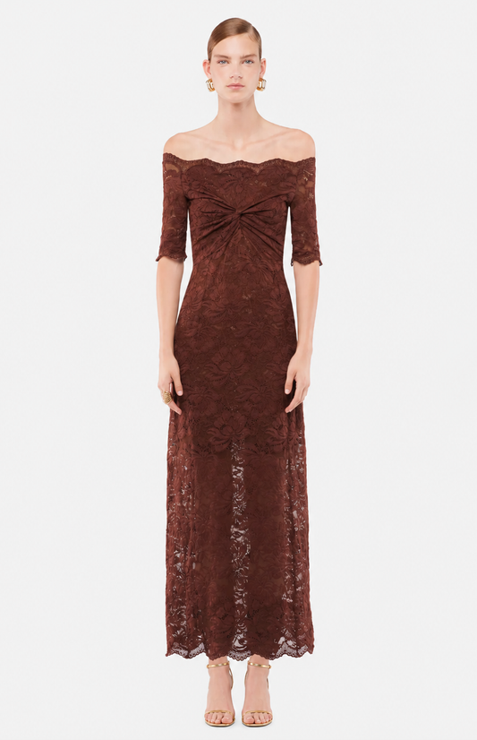 Robe longue dentelle marron
