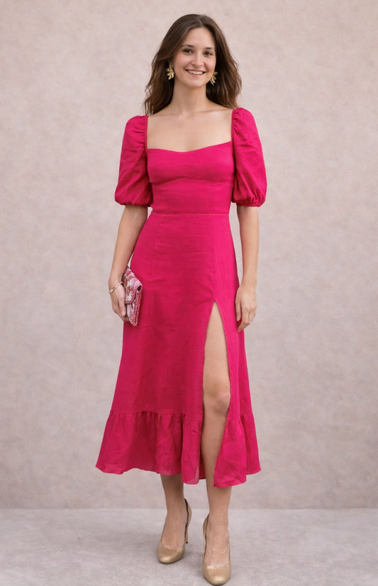 Reformation - Robe rose manches bouffantes