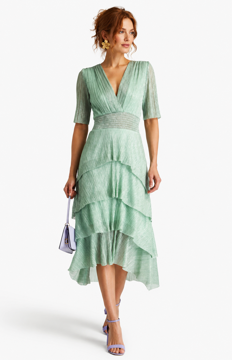 Robe lamée à volants sauge