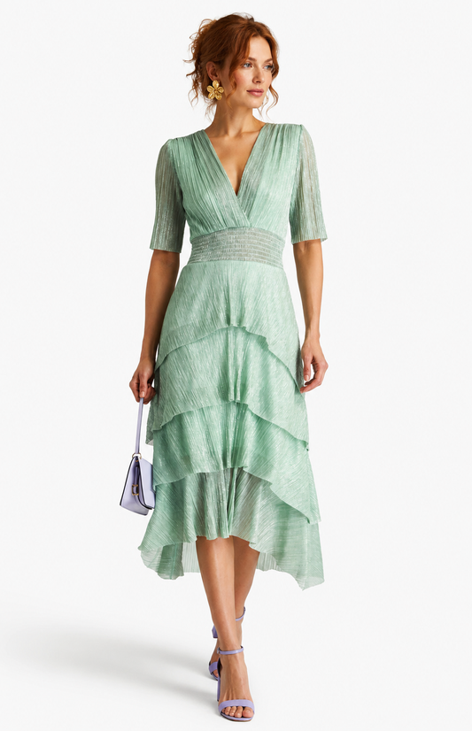 Robe lamée à volants sauge