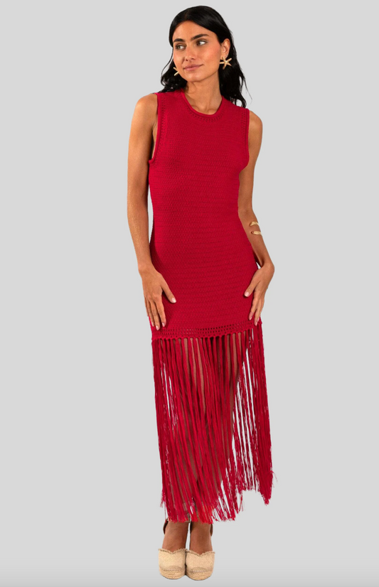 The-Are - Robe maille rouge franges