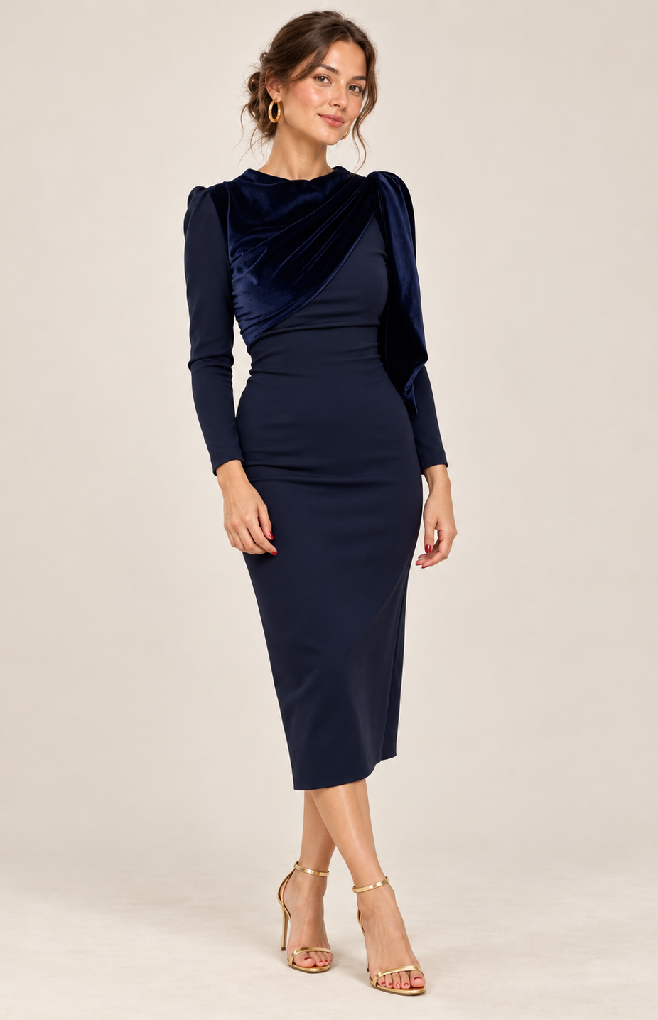 Robe midi bleu marine drapée en velours