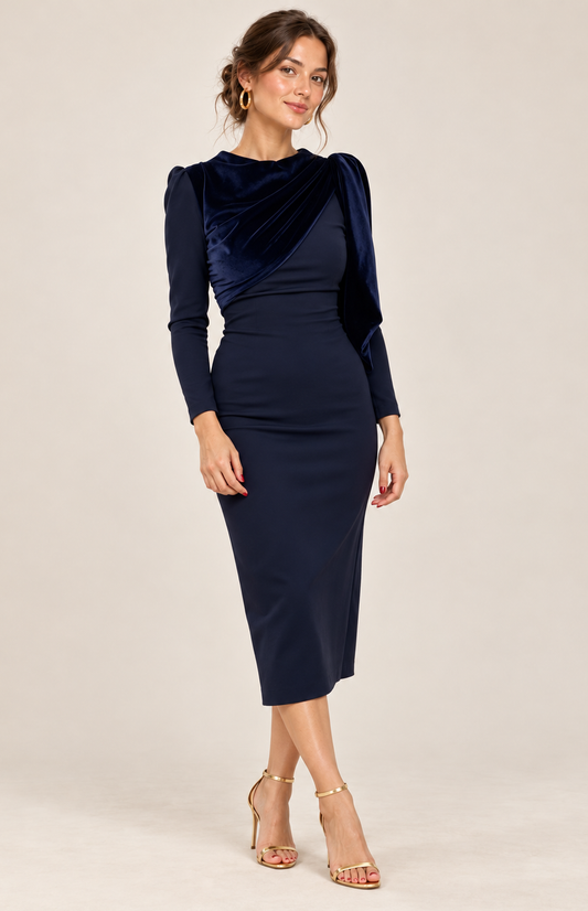 Robe midi bleu marine drapée en velours