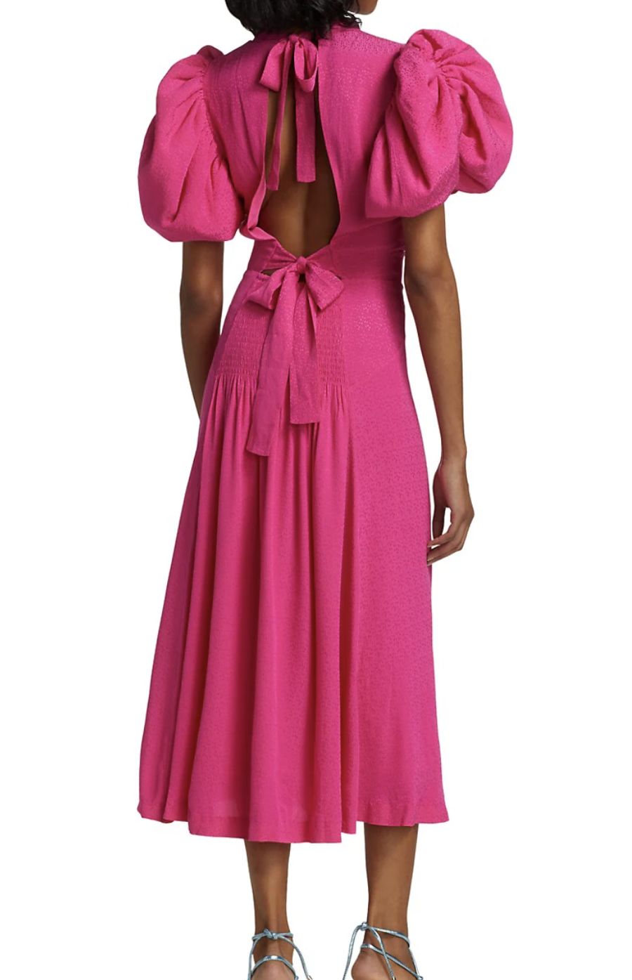 Rotate Birger Christensen Robe Noon rose jacquard manches bouffantes location My Golden Closet