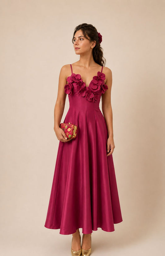 Sublime robe bordeaux ornée de délicats pétales en relief au niveau du décolleté, idéale pour faire sensation lors de vos plus beaux événements. Sa coupe longue et élégante met la silhouette en valeur, tandis que ses détails floraux apportent une touche de romantisme et de raffinement. Parfaite pour une cérémonie, un gala, un cocktail ou une soirée habillée, que vous soyez invitée de mariage, témoin ou demoiselle d'honneur.