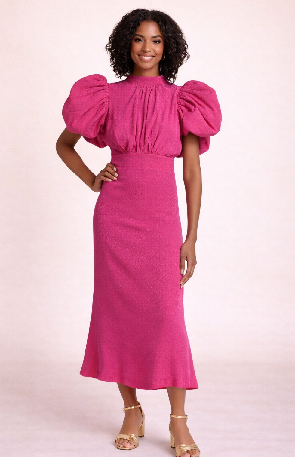 Rotate Birger Christensen - Robe Noon rose jacquard manches bouffantes