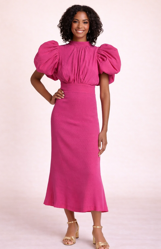 Rotate Birger Christensen - Robe Noon rose jacquard manches bouffantes