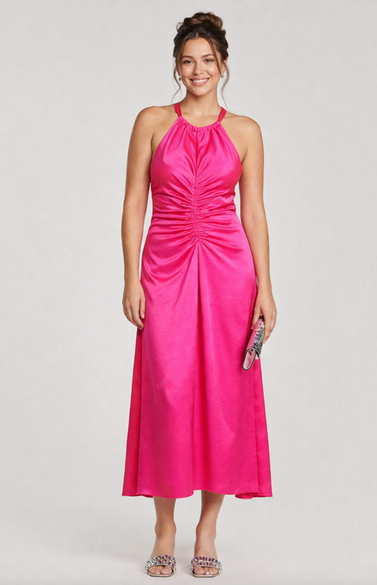 Sandro - Robe longue fuchsia satin