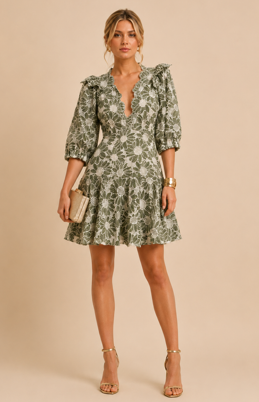 Robe courte brodée fleurs kaki