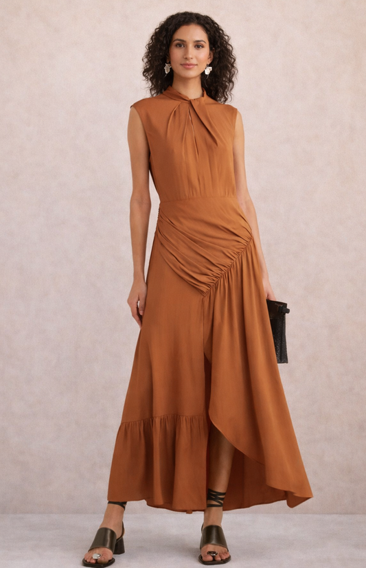 Self Portrait - Robe maxi crepe tan