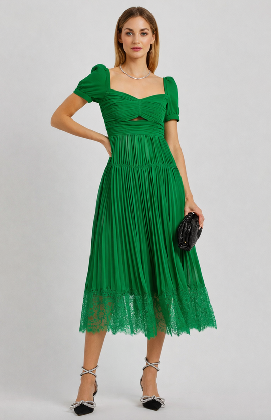 Self Portrait - Robe plissée verte