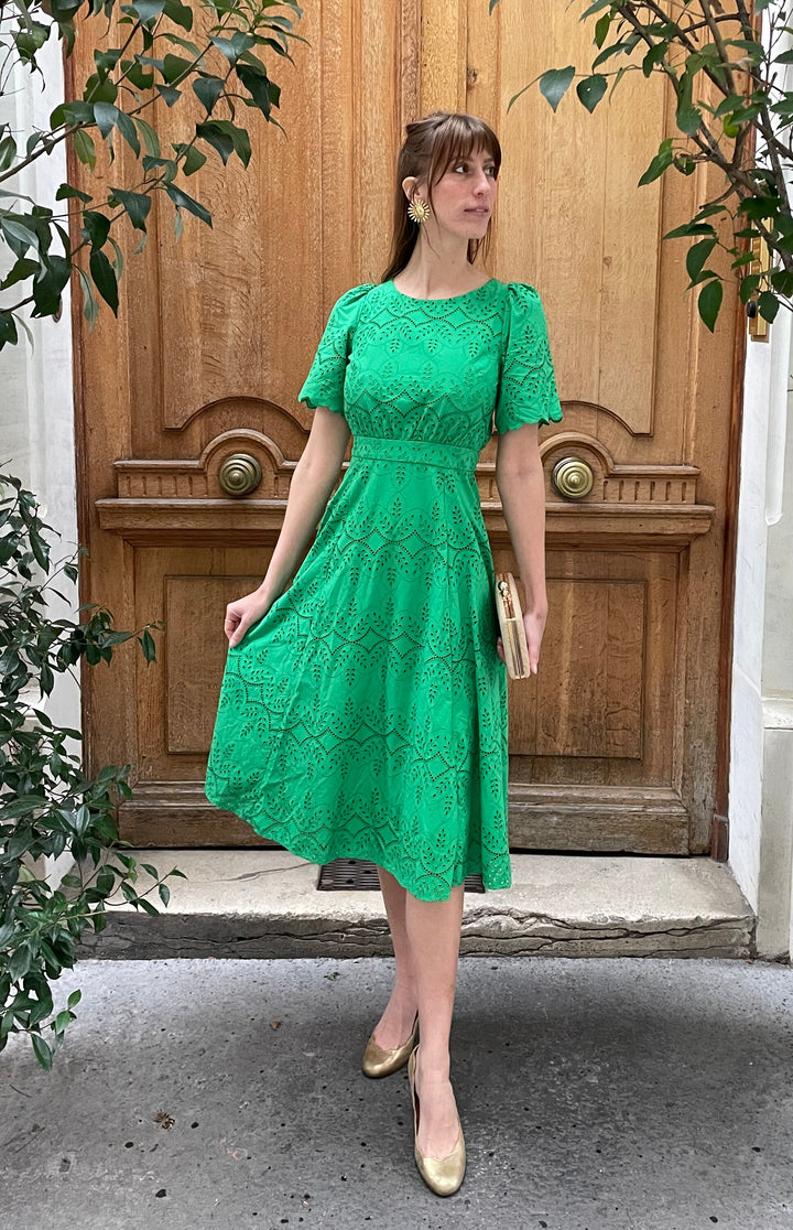 green dress with dots Green V Neck Polka Dot Mini Dress main image 0