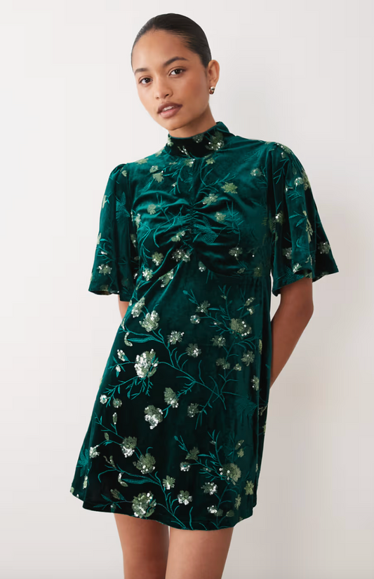 Robe velours vert brodée