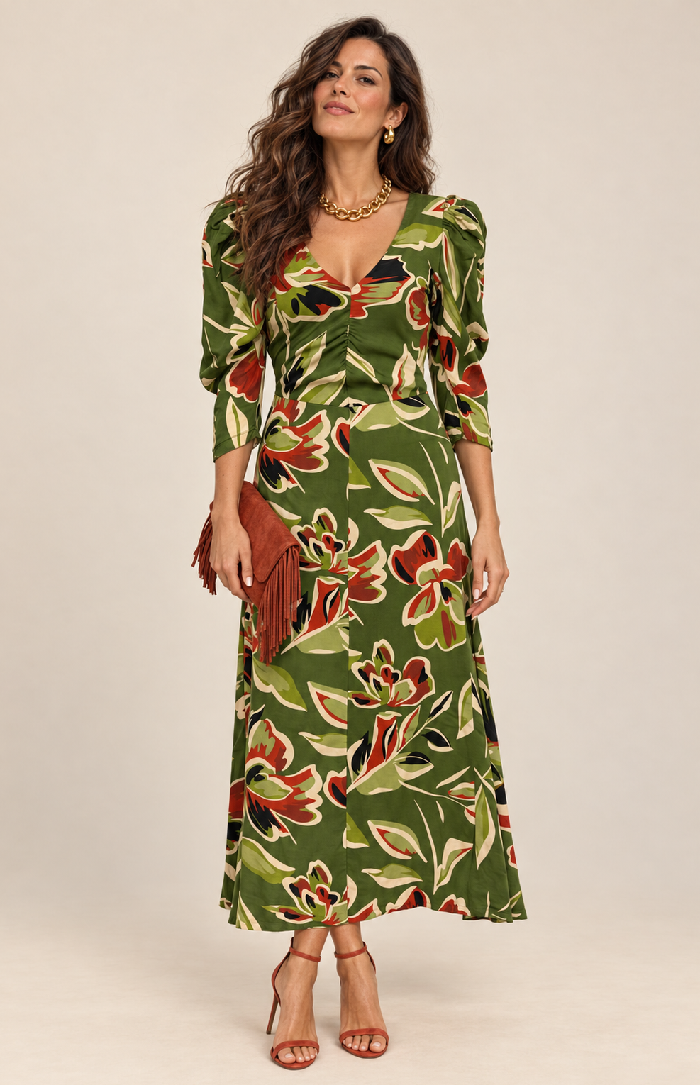 Robe verte fleurs terracotta