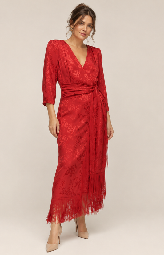 Robe satin rouge franges