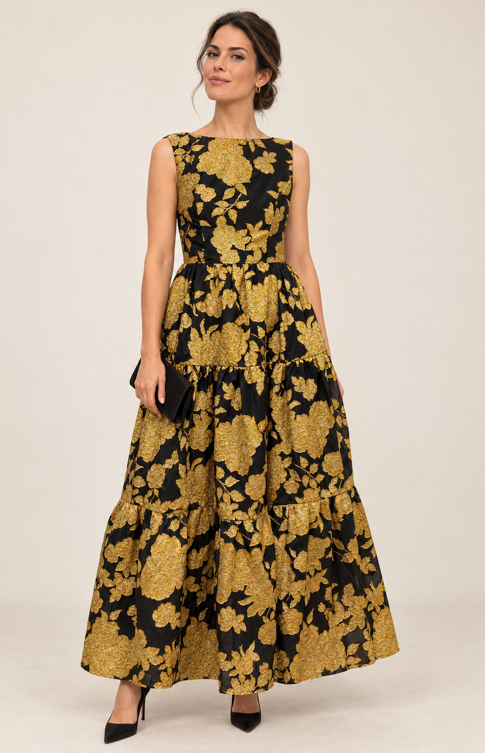 Robe longue jacquard noire et dorée