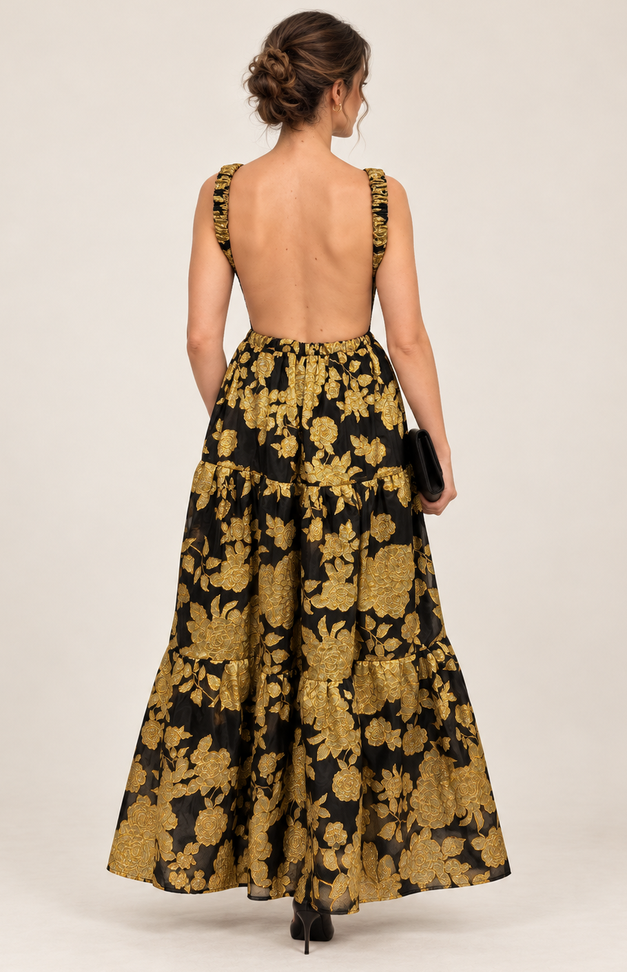 Robe longue jacquard noire et dorée