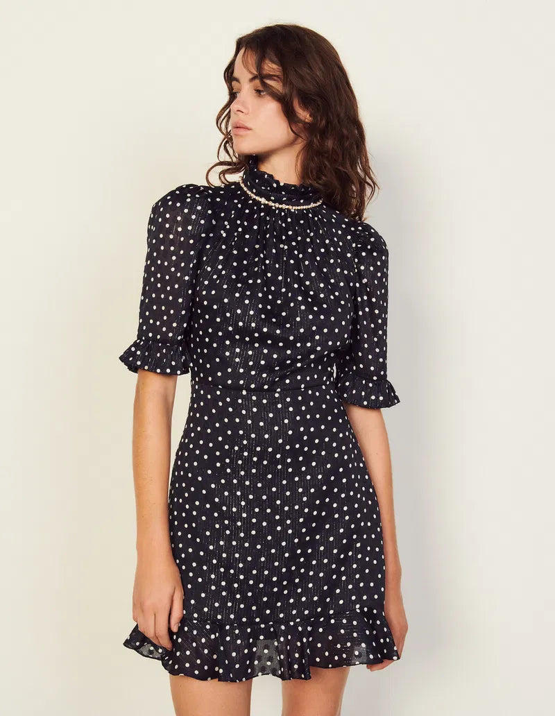 Sandro - Robe pois col bijoux T.38